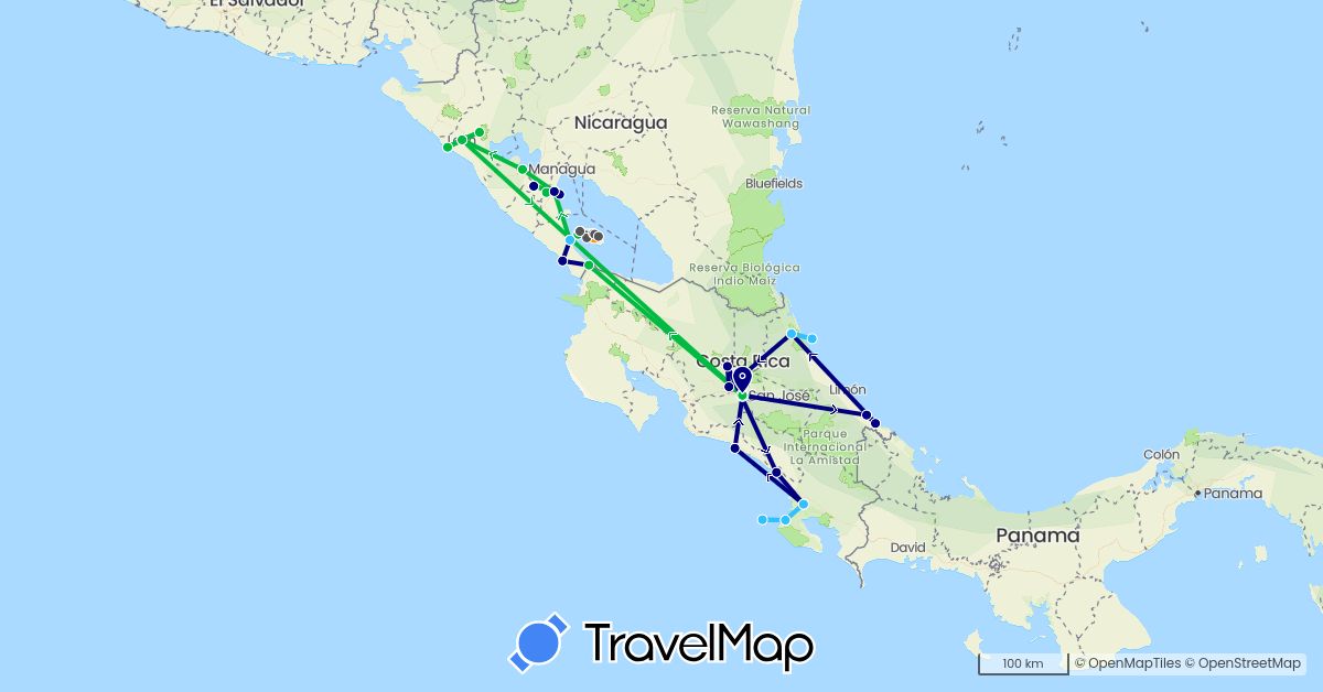 TravelMap itinerary: driving, bus, boat, hitchhiking, motorbike in Costa Rica, Nicaragua (North America)